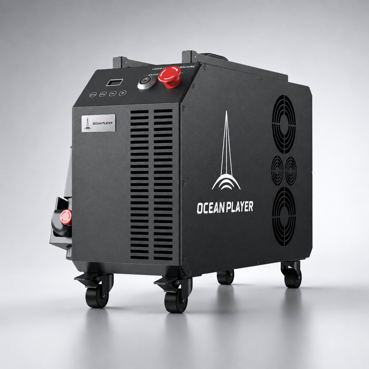 OceanPlayer Laser 300W pulsed laser cleaner operating on an industrial engine component